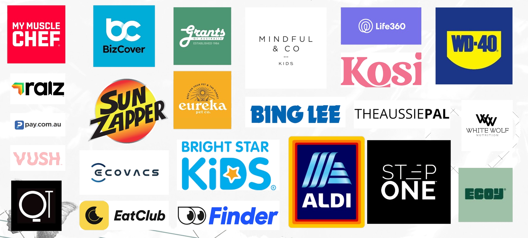 Collage of brand logos including ALDI, WD-40, Life360, My Muscle Chef, Bing Lee, Finder, Step One and more